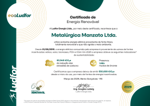 Certificado de Energia Renovável Ludfor Energia emitido para a Metalúrgica Manzato